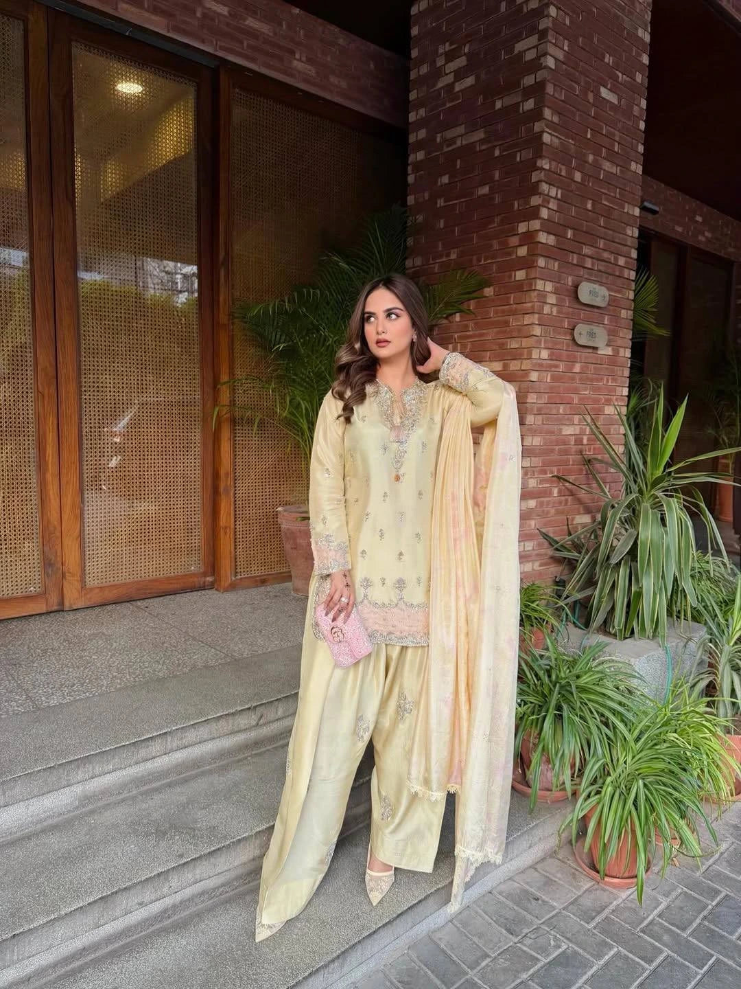 Elegant Japan satin silk suit in beige featuring delicate sequins and thread work