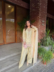 Elegant Japan satin silk suit in beige featuring delicate sequins and thread work
