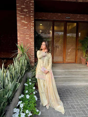 Festive beige satin silk suit with sequins and embroidery for special occasions