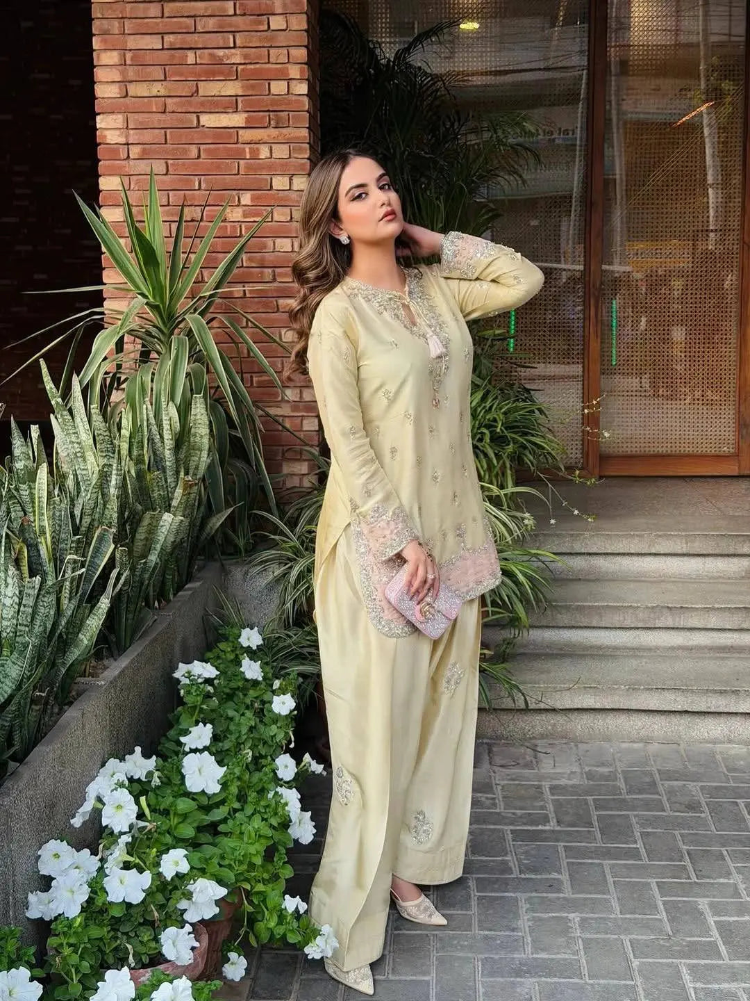 Detailed product listing of beige sequins embroidered satin silk suit from Kalyanja Fashion