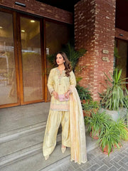 Beige satin silk suit with sequins embroidery displayed on Shopify product page