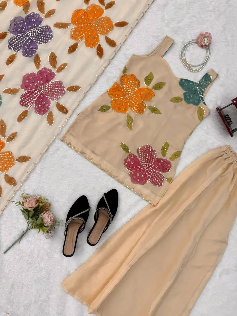 Women's Ivory Anarkali Dress featuring Flared Silhouette, Designer Dupatta, and Delicate Embroidery