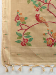 Beige fabric with embroidered birds and flowers on a white background