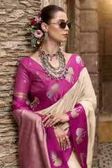 Beige Zari Work Soft Satin Silk Saree