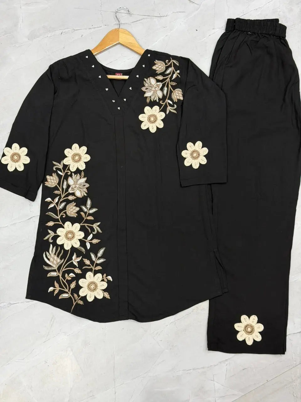 Black Multi Thread Embroidered Coord Set flat lay top and pants
