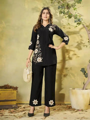 Black Multi Thread Embroidered Coord Set - front view full length