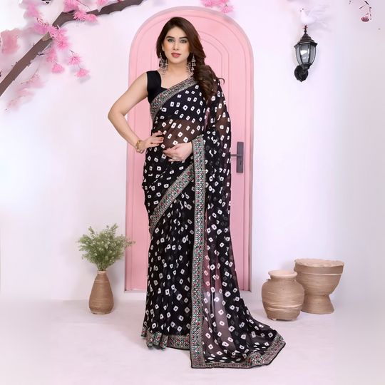 Black Rajwadi Bandhej Print With Heavy Embroidery Work Georgette Saree