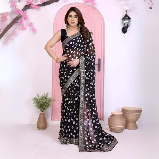 Black Rajwadi Bandhej Print With Heavy Embroidery Work Georgette Saree