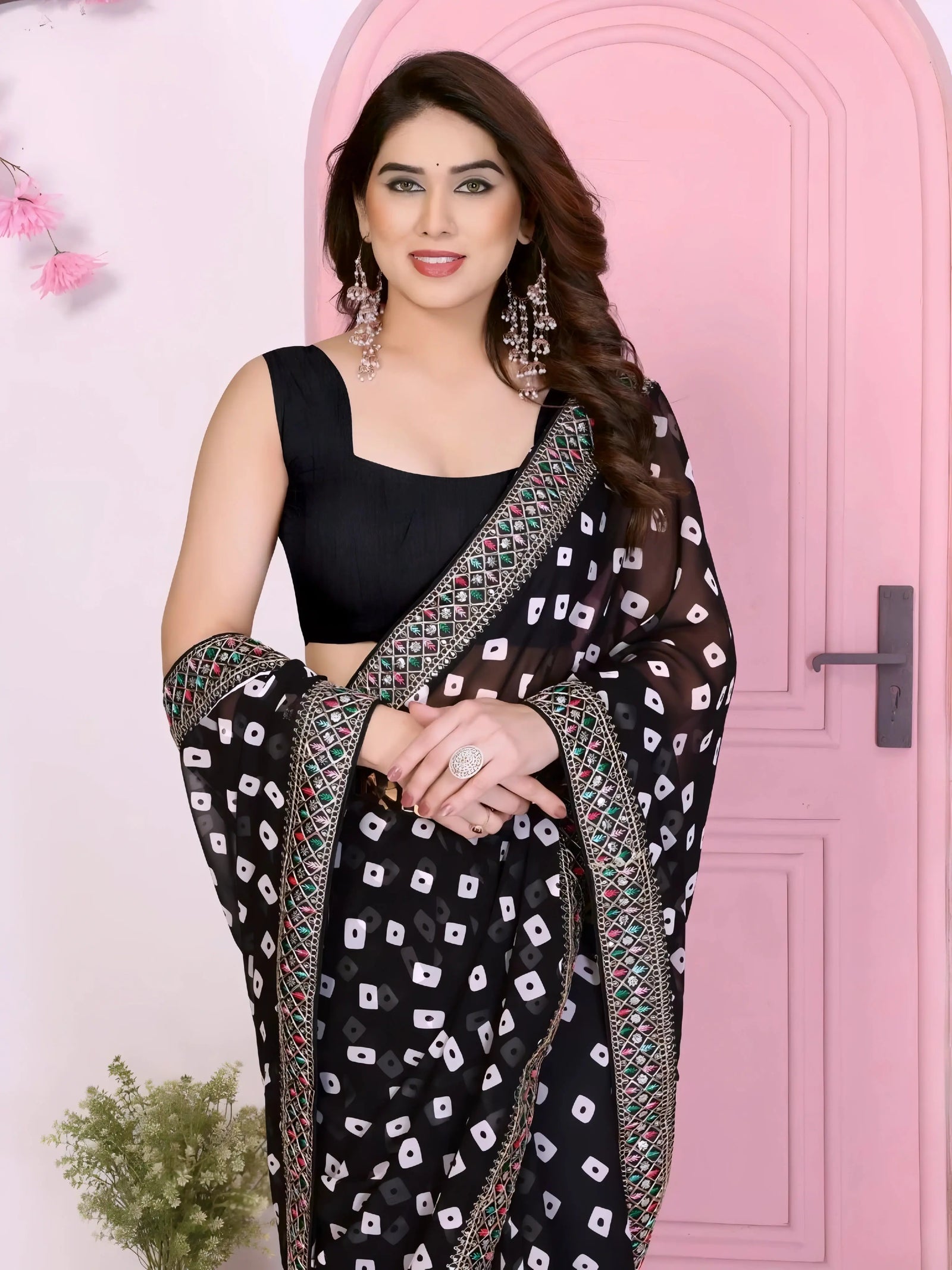 Black Rajwadi Bandhej Print With Heavy Embroidery Work Georgette Saree