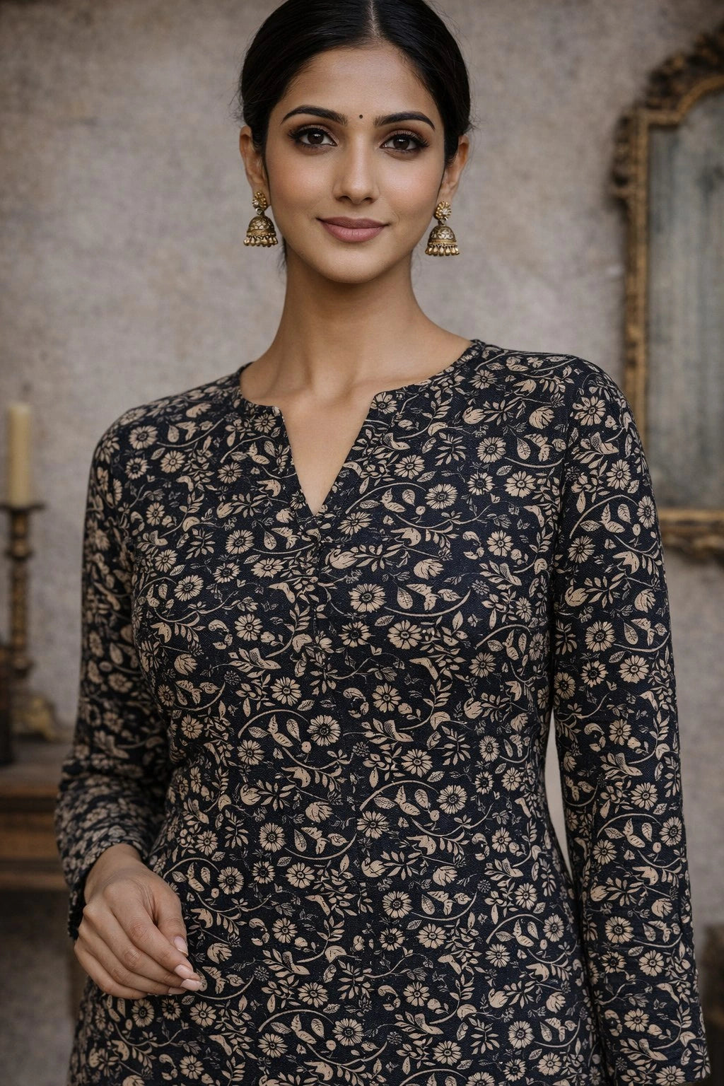 Woman wearing a black floral patterned dress with gold accents.