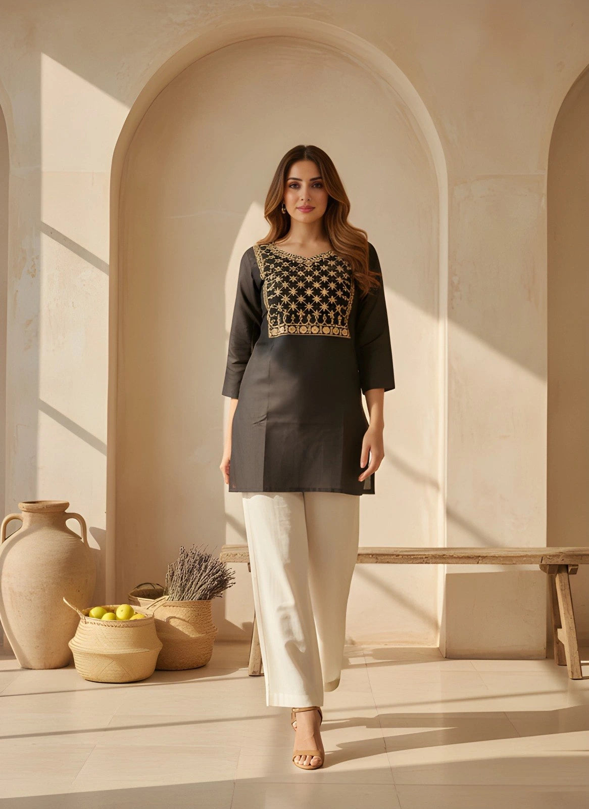 Woman in a dark top with intricate gold embroidery and light pants standing in a sunlit room with arches and decorative pots.