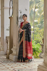 Woman in a traditional saree standing in an elegant outdoor setting with columns and greenery.