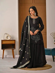 Elegant Women's Black Salwar Suit with Floral Embroidery, Full Sleeves, and Designer Dupatta Border