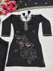 Women's Black Ethnic Suit featuring Intricate Floral Embroidery, Wide Palazzo Pants, and Matching Embellished Dupatta