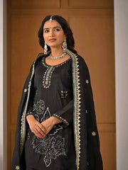 Designer Black Kurta Palazzo Set with Sequins Embroidery, Floral Artwork, and Sophisticated Ethnic Fashion
