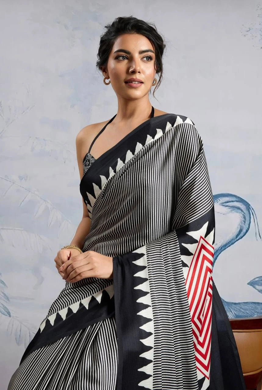 Black Temple Print Silk Saree Sit Pose