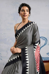 Black Temple Print Silk Saree Sit Pose