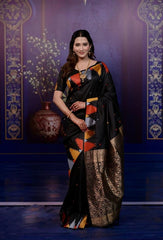 Woman in a traditional saree with a decorative background