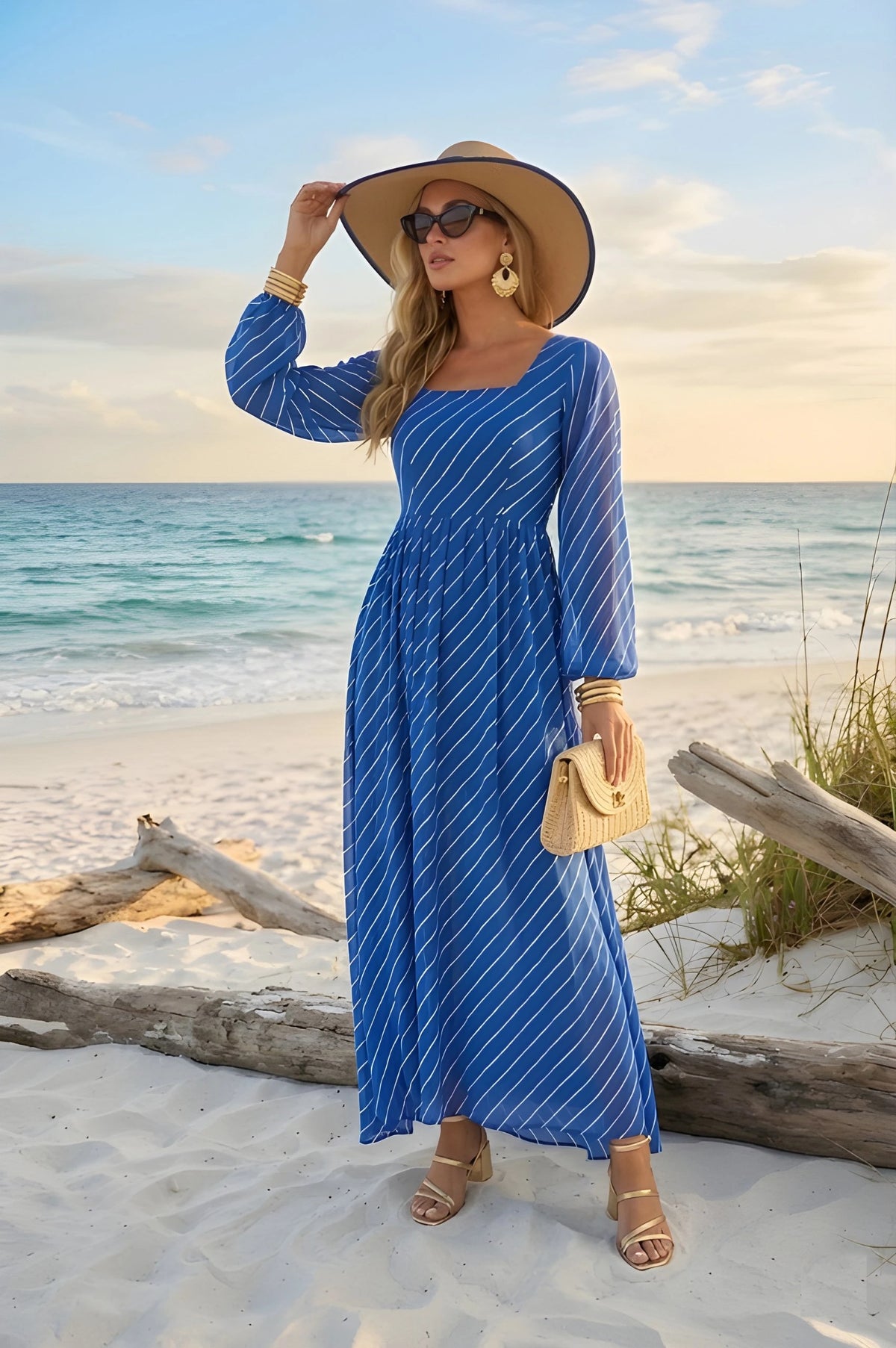 Woman in a blue striped dress and sun hat on a beach