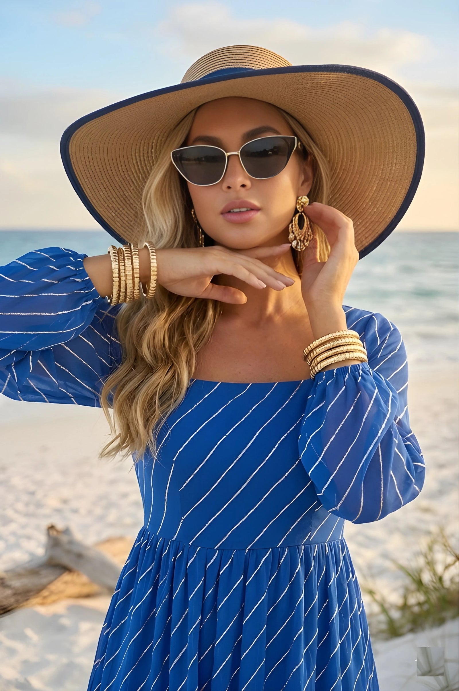 Woman in a blue dress and sun hat on a beach