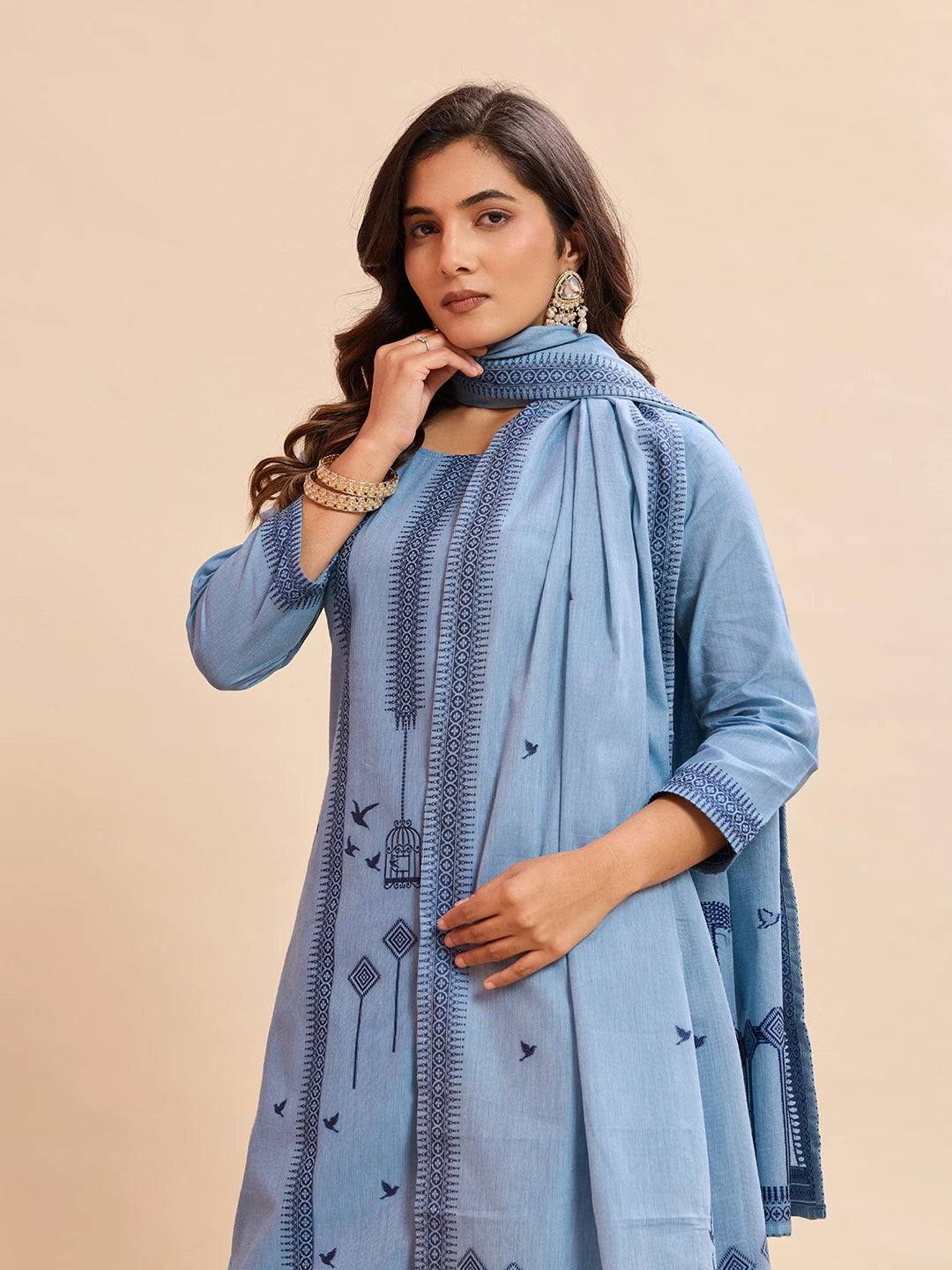 Woman wearing a blue embroidered dupatta against a beige background