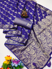 Purple saree with white patterns on a white background