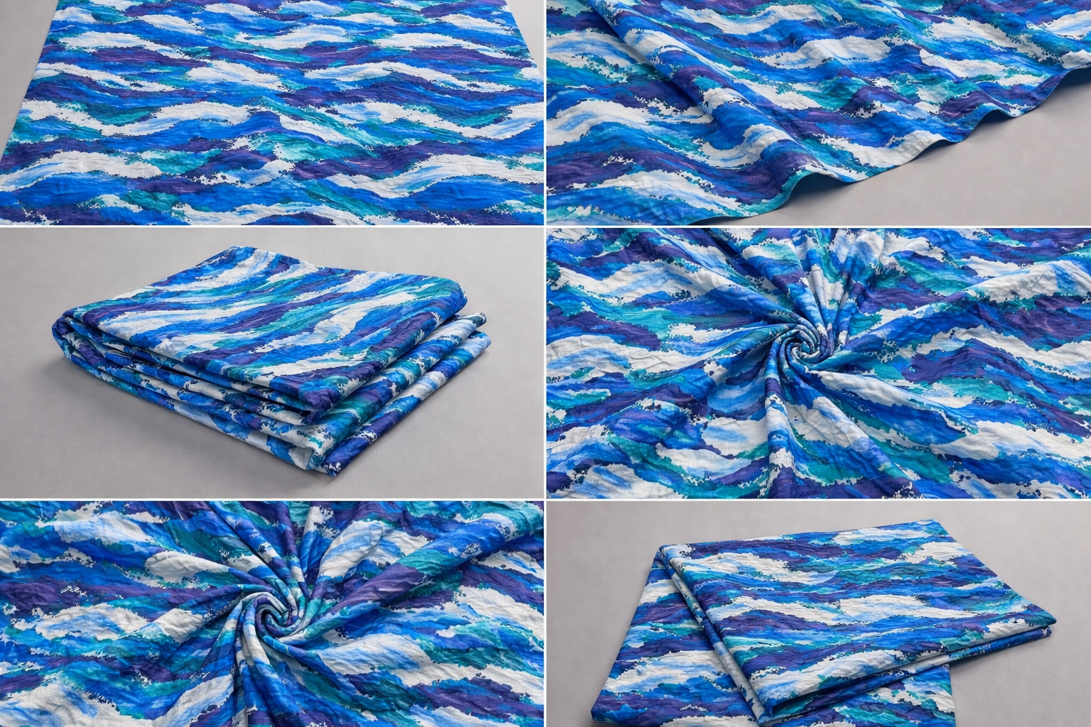 Collage of blue and white patterned fabric swatches on a gray background