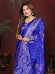 Woman wearing a blue saree with intricate patterns against a dark background