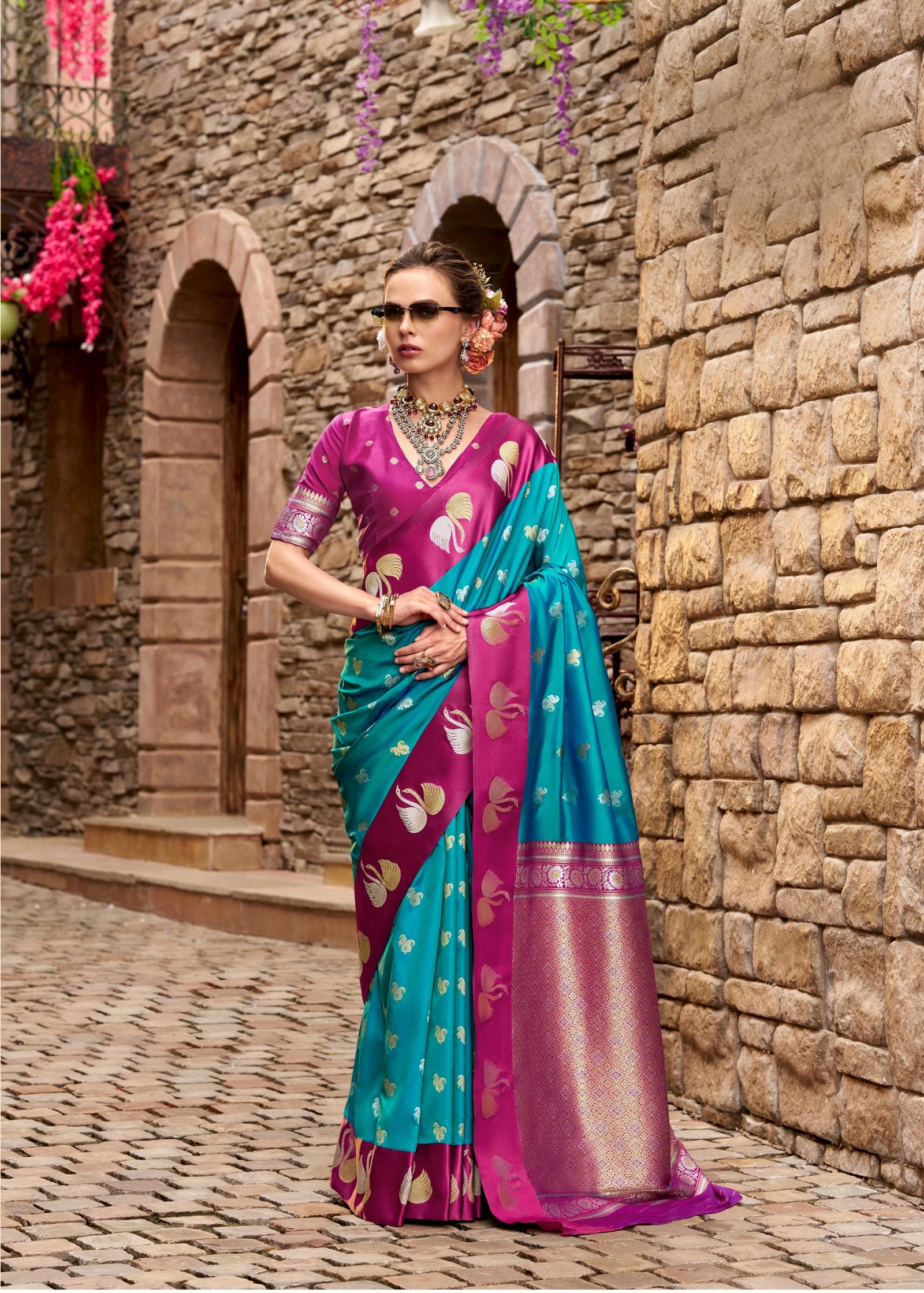 Blue Zari Work Soft Satin Silk Saree