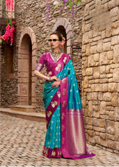 Blue Zari Work Soft Satin Silk Saree