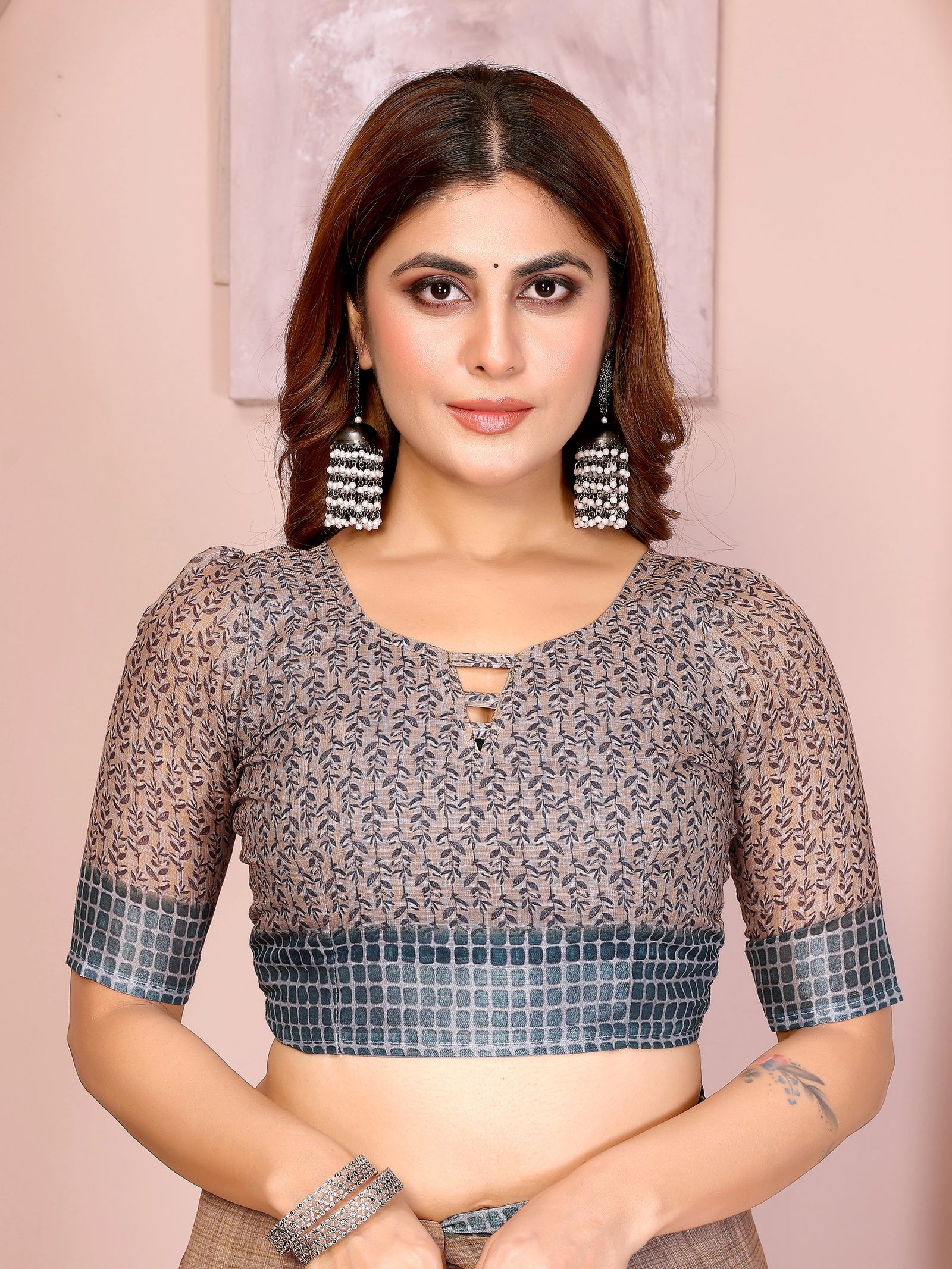 Brown Digital Floral Print Saree – grey brown leaf-print running blouse piece with keyhole neck detail
