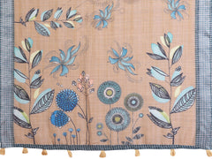 Brown Digital Floral Print Saree flat lay – full saree and blouse piece, blue botanical print with golden tassels