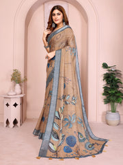 Brown Digital Floral Print Saree side drape – printed pallu with botanical motifs and golden tassel hem