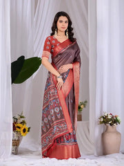 Brown Digital Print Saree in soft lichi silk, close front drape shot