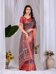 Brown Digital Print Saree in soft lichi silk, close front drape shot