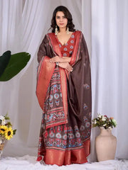 Brown Digital Print Saree standing front drape with contrast border
