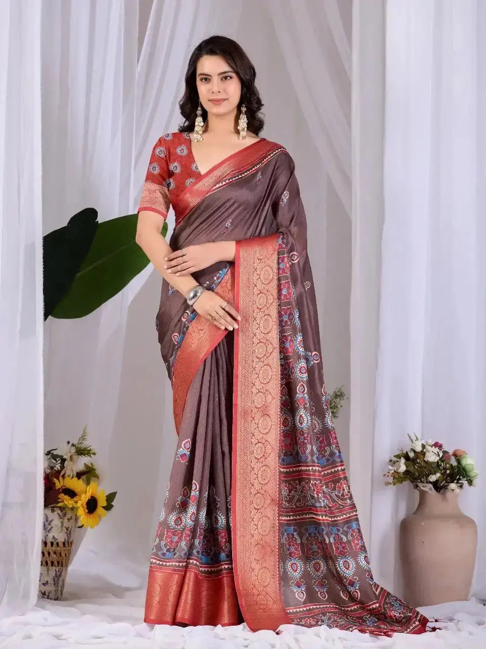 Brown Digital Print Saree with contrast rust pallu and border, front drape view