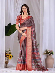 Brown Digital Print Saree with contrast rust pallu and border, front drape view