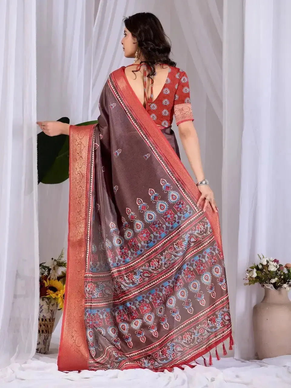 Brown Digital Print Saree pallu draped as scarf, close-up detail