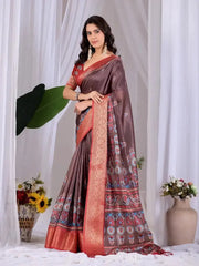 Brown Digital Print Saree pallu draped over shoulder, side view