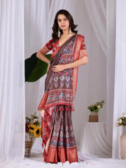 Brown Digital Print Saree styled with contrast blouse, side pose