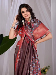 Brown Digital Print Saree styled in lehenga drape with rust pallu
