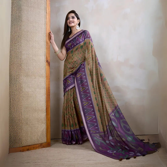 Brown Ikkat Print with Zari Woven Cotton Saree