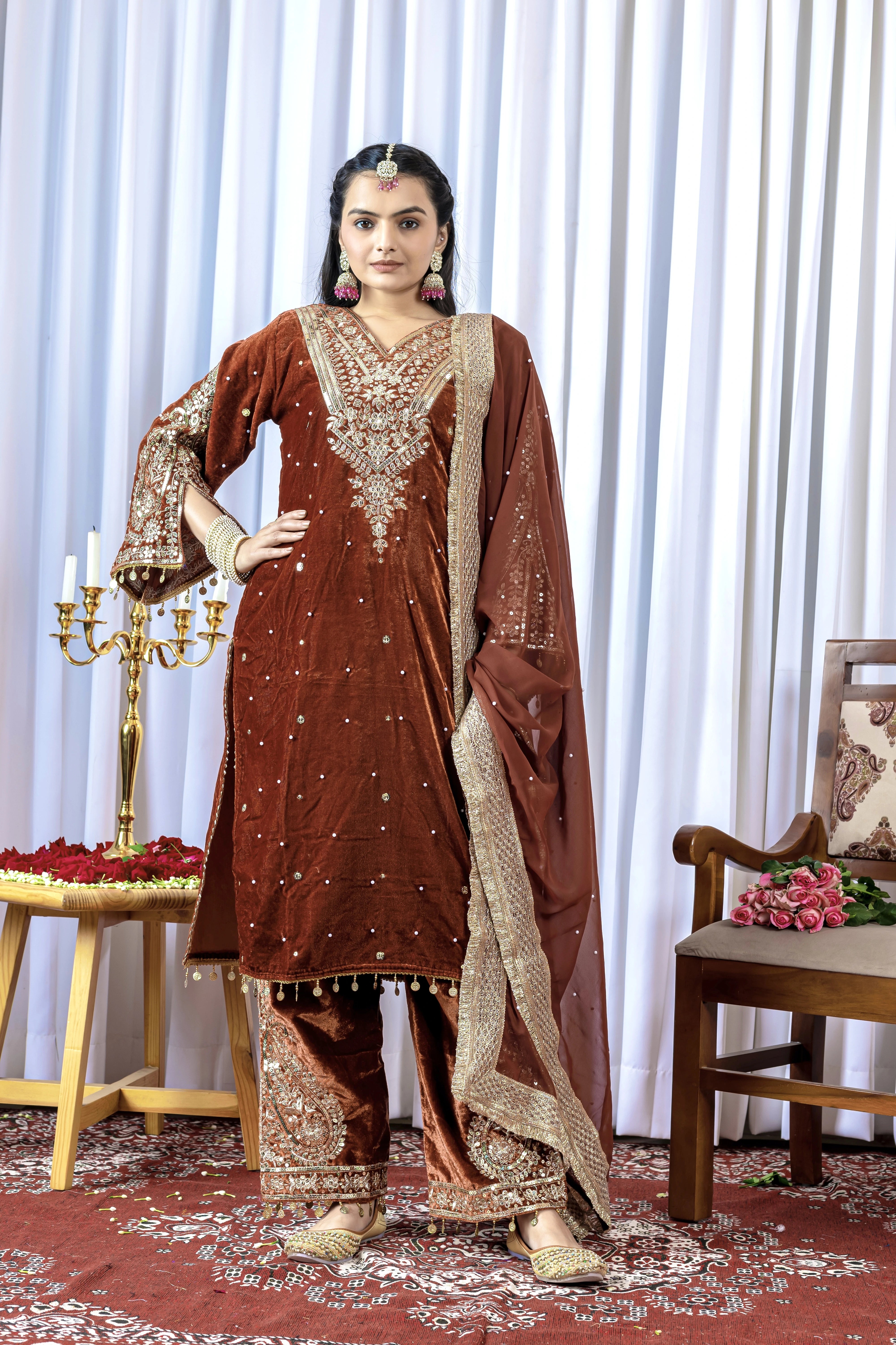 Brown Sequins Embroidery Work Viscose Velvet Suit