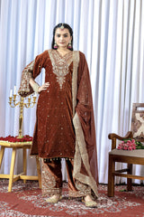 Brown Sequins Embroidery Work Viscose Velvet Suit