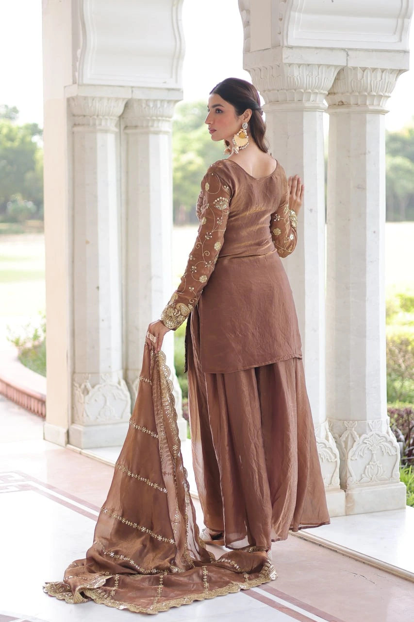 Brown Sequins Zari Embroidered Work Fendy Suit