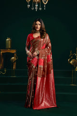 Woman in a red and brown saree standing against a dark background