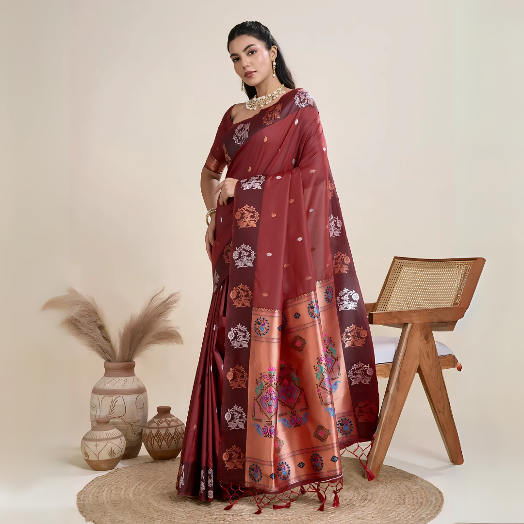 A woman models a luxurious Dark Maroon Soft Silk Saree. The saree features scattered metallic motifs and a wide, contrasting peach/copper pallu panel richly woven with multi-colored traditional figurative and floral designs. She wears a matching brown blouse and heavy gold Kundan jewelry, posing indoors.