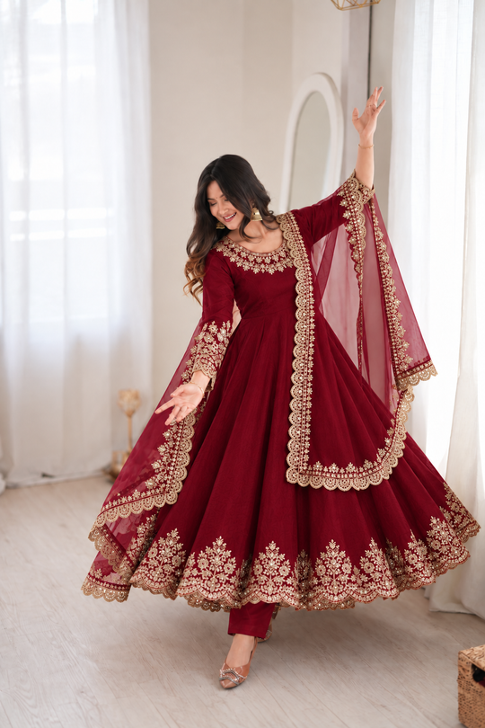 Maroon Sequins Embroidered Suit Doremon Crush Kalyanja KU275 – Front View