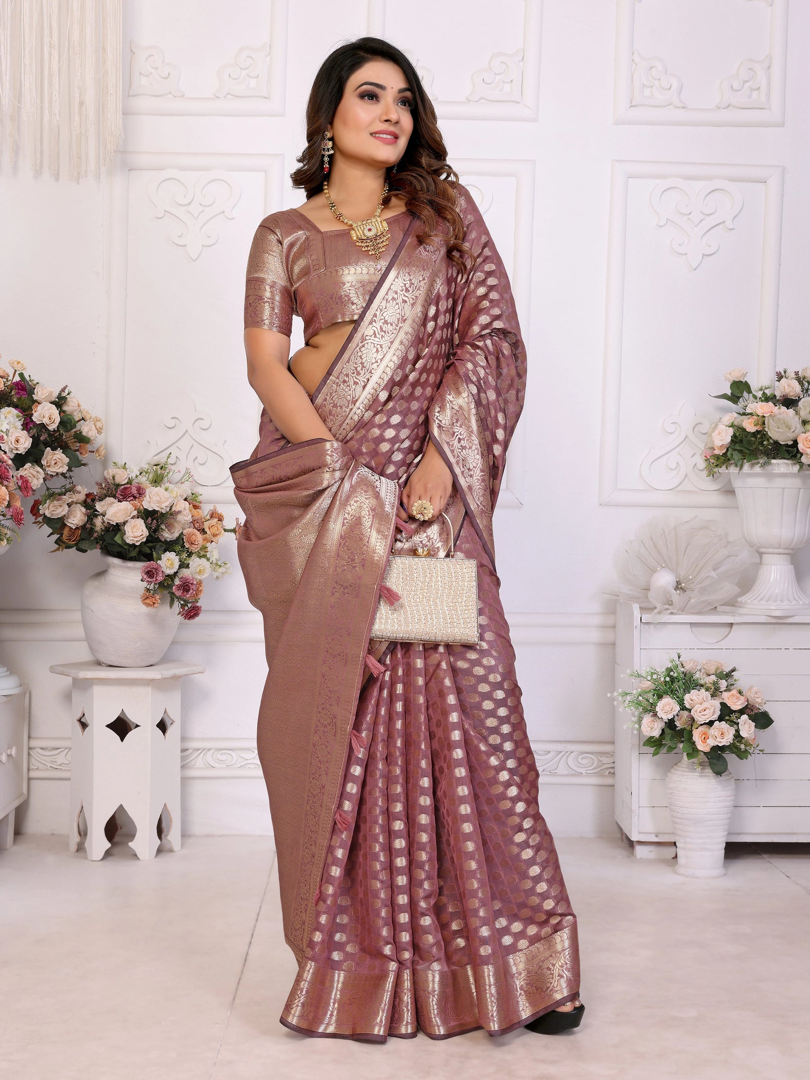 Woman in a traditional saree with a white background